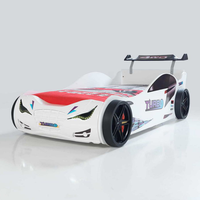 Hanah Home Cama Coche Eko - White con Faros LED, Diseño Infantil de Carreras, 120x230 cm